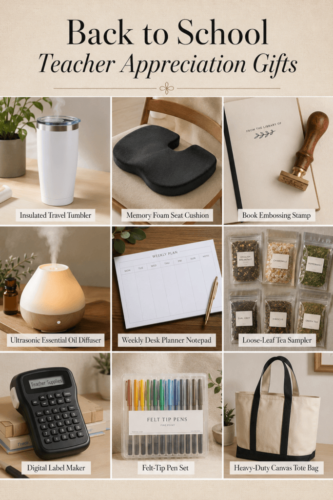 Assorted back-to-school teacher gifts, including tumbler, planner, tote bag, and diffuser.