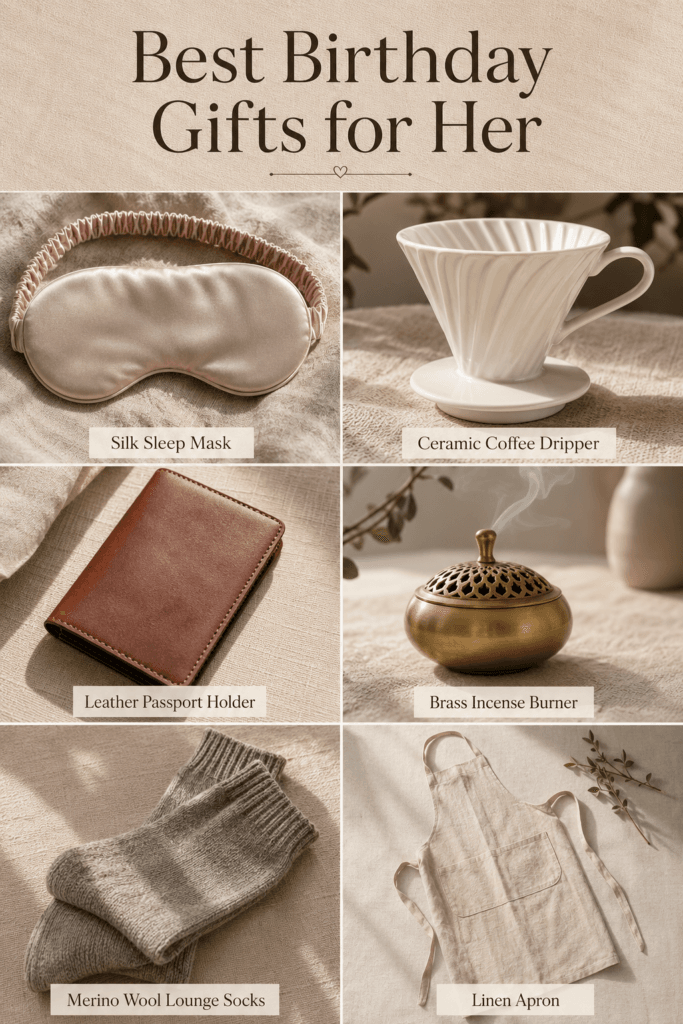 Best Birthday Gifts for Her That Will Make Her Feel Truly Special All Day 2 A curated flatlay of birthday gifts for her, including a silk sleep mask, ceramic coffee dripper, and leather passport holder.
