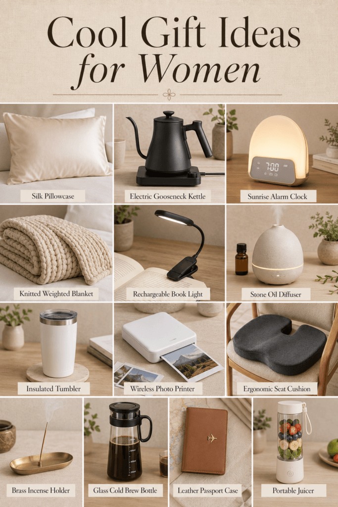 Curated roundup of cool lifestyle gifts for women, including a silk pillowcase, brass incense holder, and insulated tumbler.