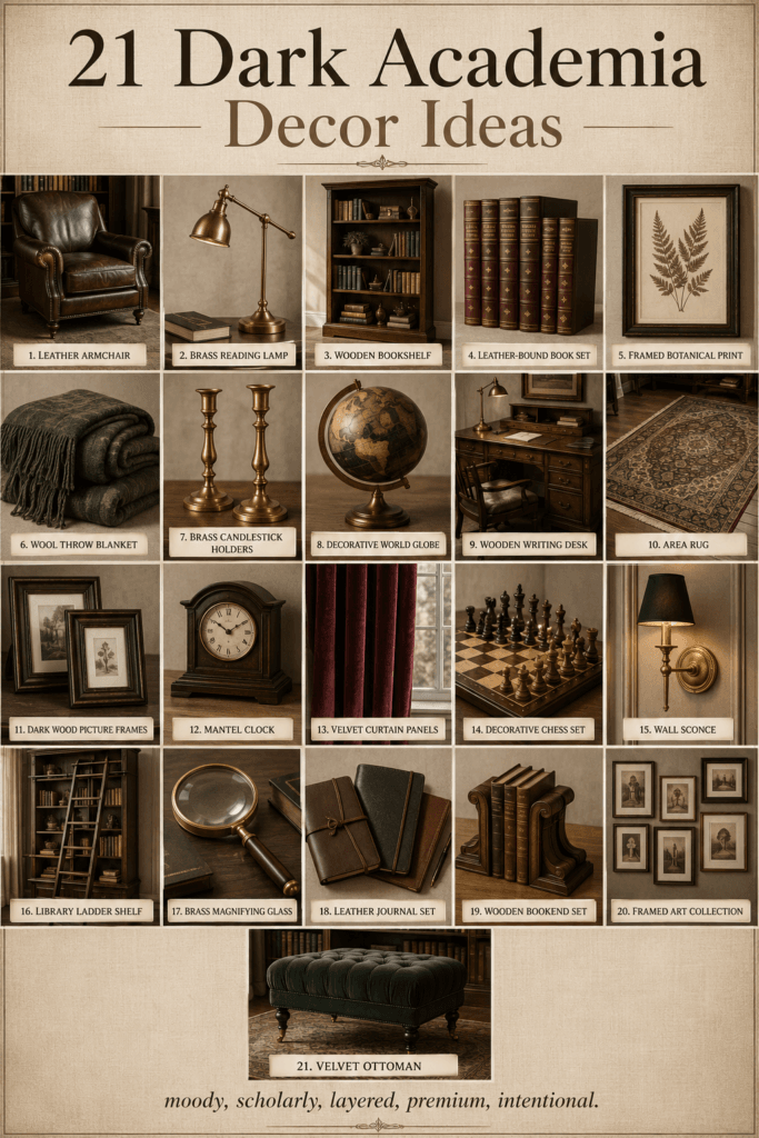Dark academia decor collage featuring leather armchair, brass lamp, wooden bookshelf, and velvet accents.