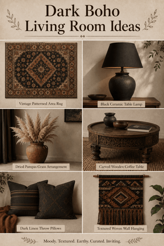 Dark boho living room ideas: moody and wildly beautiful 2 Dark boho living room decor collage with rug, lamp, pampas grass, and wall hanging.
