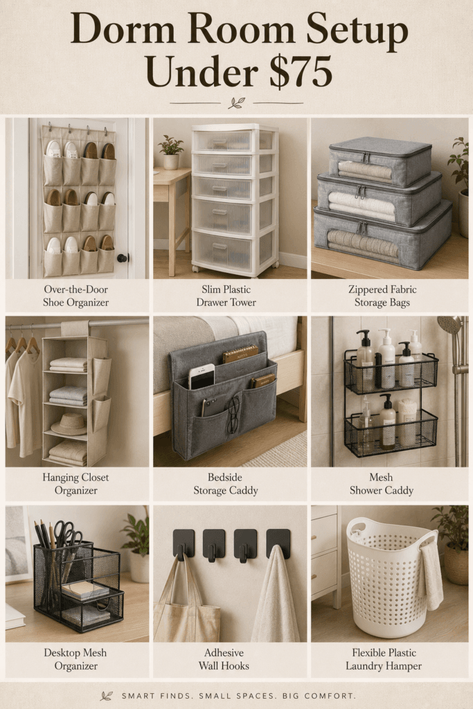 Dorm Room Setup Under $75 (Everything You Actually Need) 2 Dorm room storage essentials collage featuring a shoe organizer, drawer tower, and closet organizer.