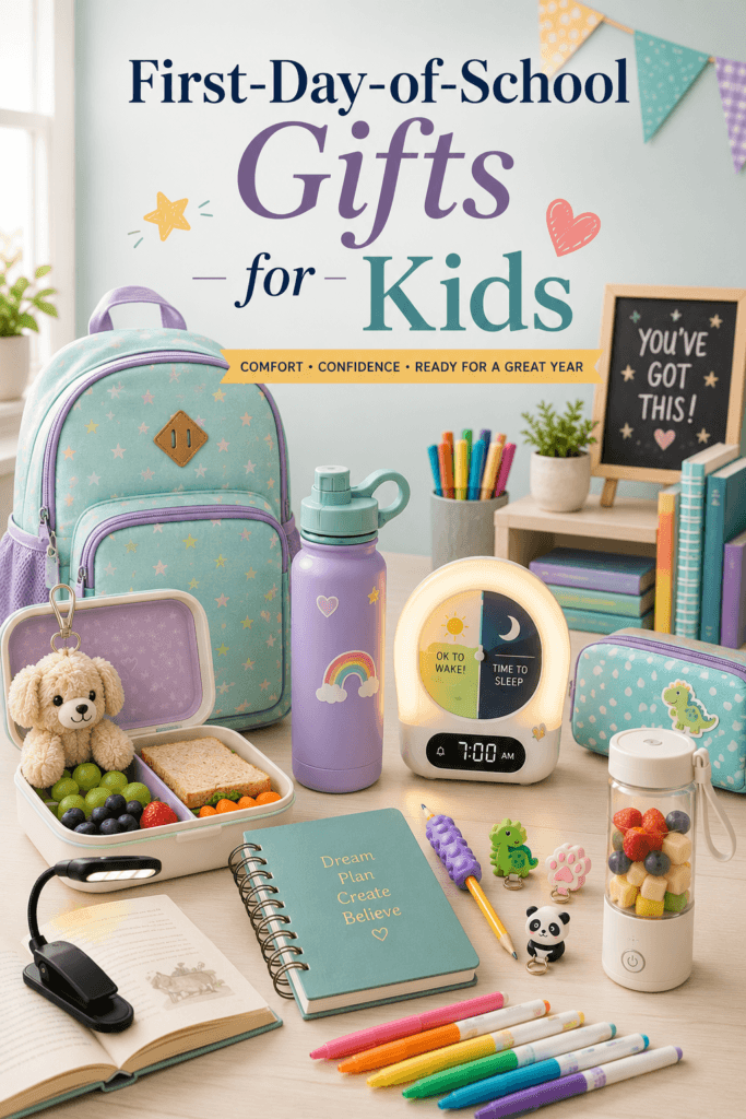 First Day of School Gifts for Kids That Make Them Feel Excited and Ready 2 A back-to-school flatlay of a backpack, bento box, water bottle, markers, and journal.