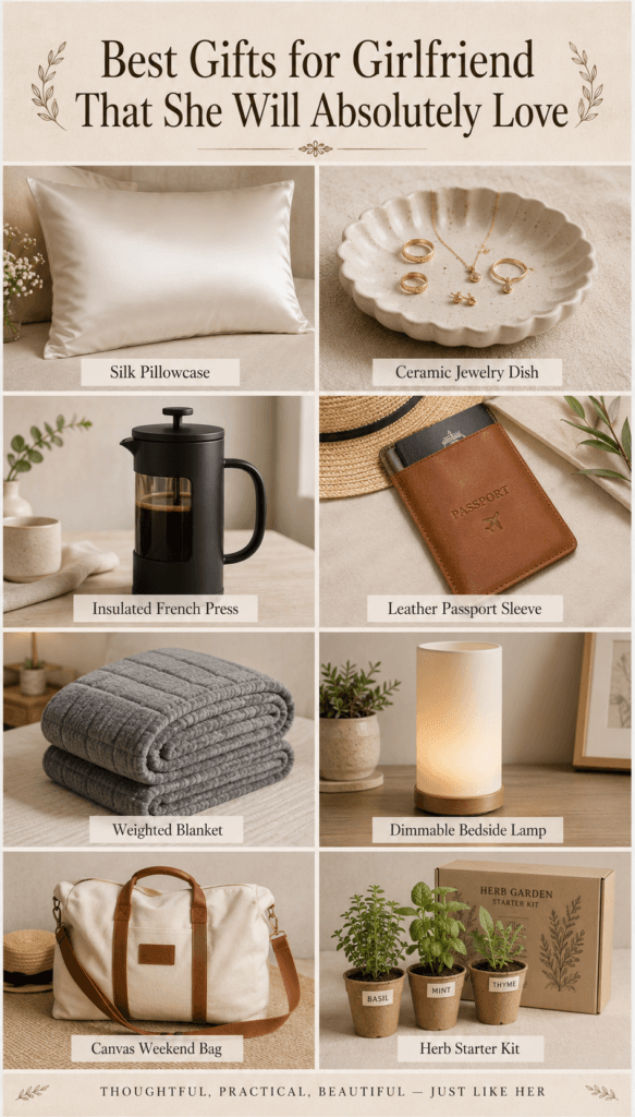 Best Gifts for Girlfriend That She Will Absolutely Love Receiving This Year 2 A collection of gift ideas for girlfriend featuring a pillowcase and weighted blanket.