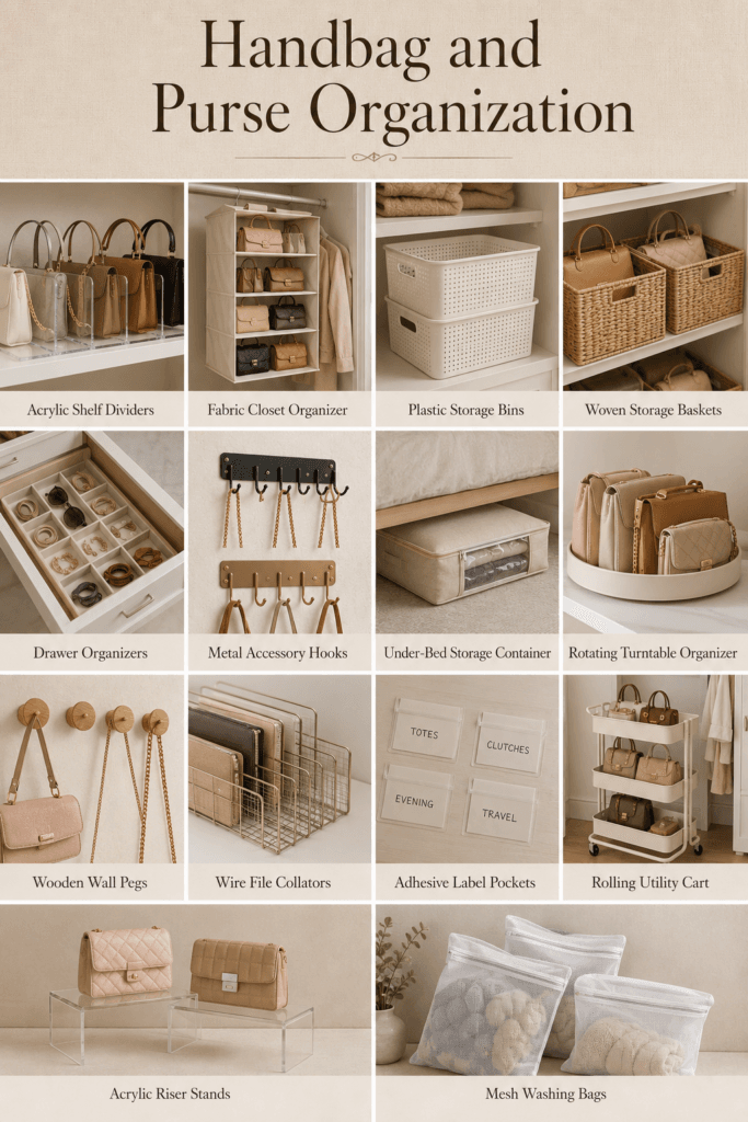 Collage of handbag organization products, including acrylic shelf dividers, fabric hanging organizers, and woven storage baskets.