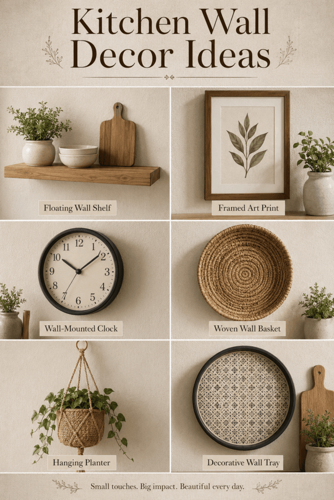 Kitchen Wall Decor Ideas: What to Put on Those Empty Walls 2 Kitchen wall decor collage featuring floating shelves, framed art, a clock, and hanging planters.