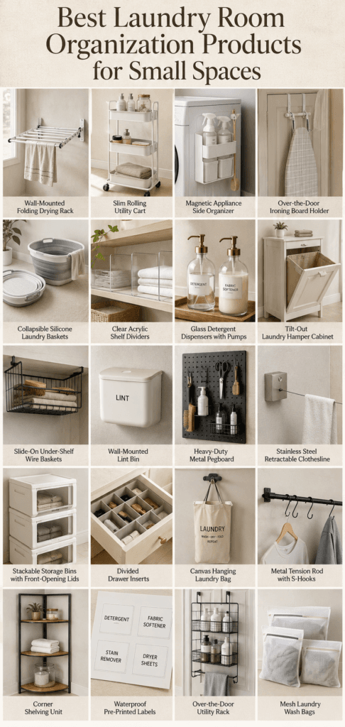 Collage of small-space laundry room organization products including a rolling cart, drying rack, and storage bins.