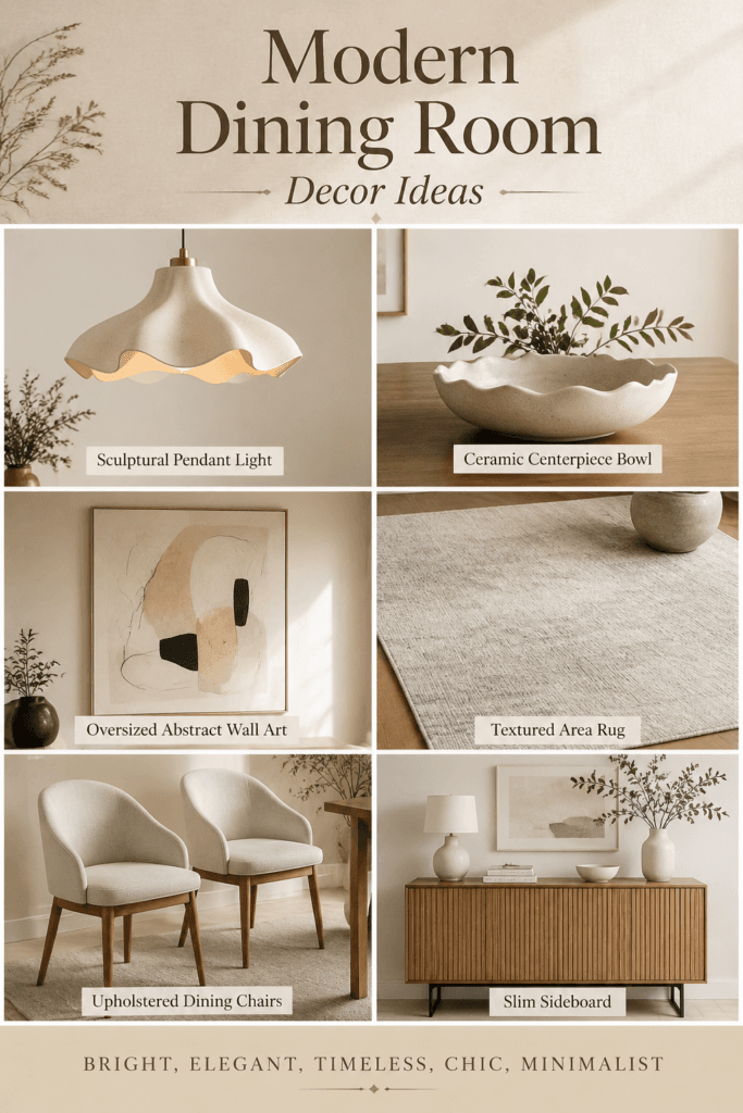 Modern dining room decor roundup featuring pendant lighting, ceramic bowl, abstract art, rug, chairs, and sideboard.