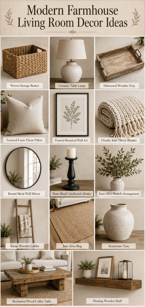 Modern farmhouse living room decor ideas for 2026 2 Modern farmhouse living room decor collage featuring a jute rug, coffee table, throw pillows, and wall mirror.