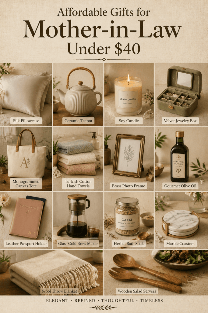 Affordable Gifts for Mother in Law Under $40 That Feel Luxurious and Special 2 Collage of affordable mother-in-law gifts featuring silk pillowcase, brass frame, and velvet jewelry box.