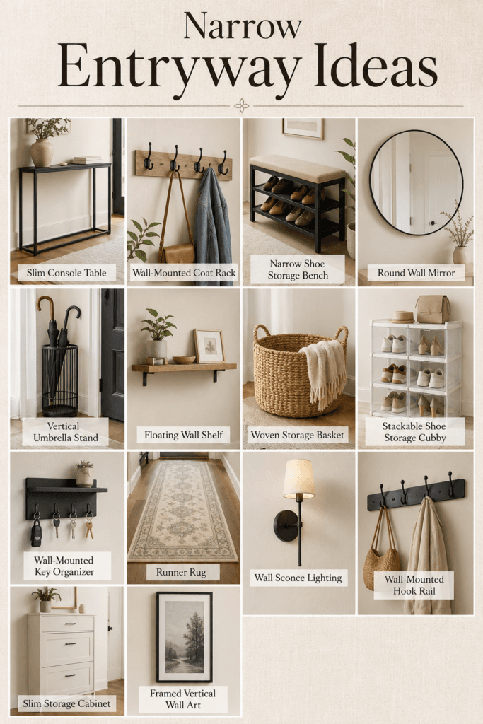 Narrow entryway storage collage featuring a console table, coat rack, mirror, and runner rug.