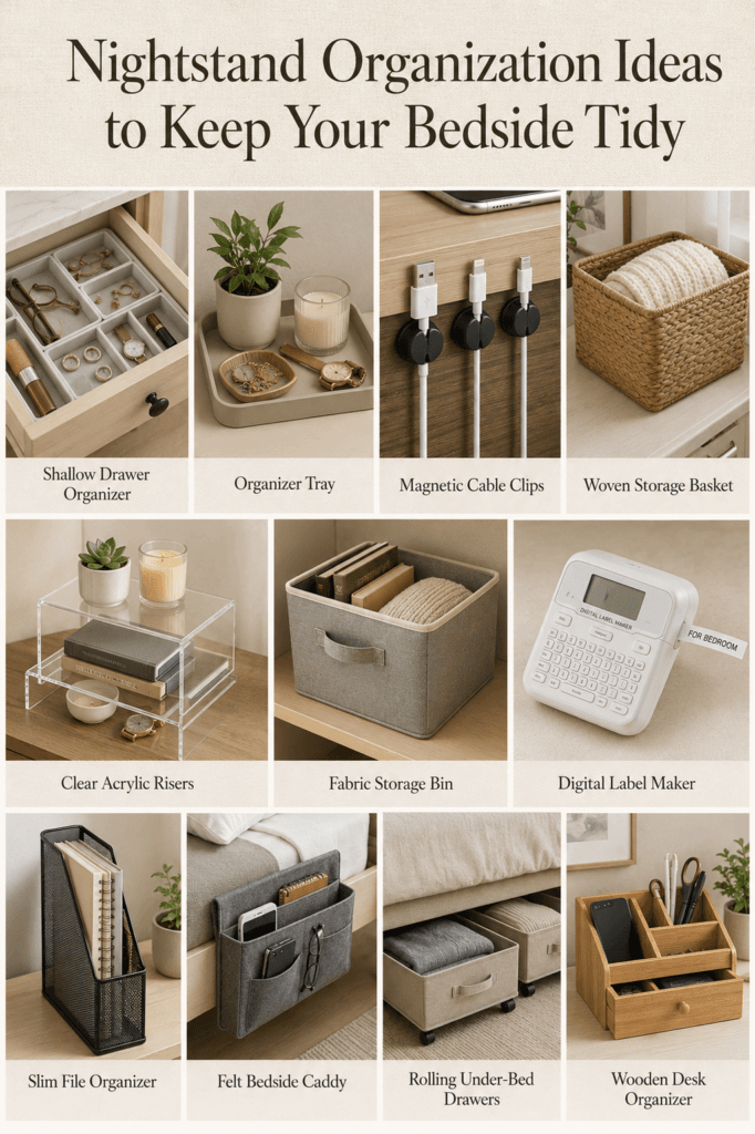Nightstand Organization Ideas to Keep Your Bedside Tidy 2 Collage of nightstand organization products including drawer dividers, trays, risers, and a hanging bedside caddy.