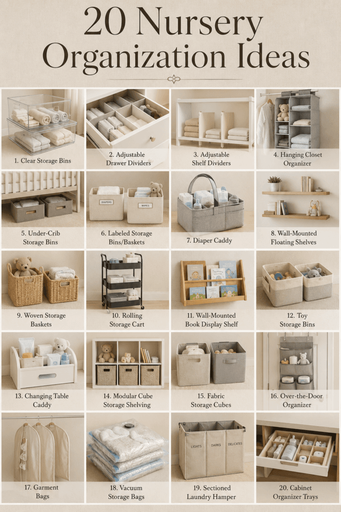 20 Nursery Organization Ideas That Stay Organized (No Chaos) 2 Collage of 20 nursery organization products including bins, dividers, caddies, and shelving units.