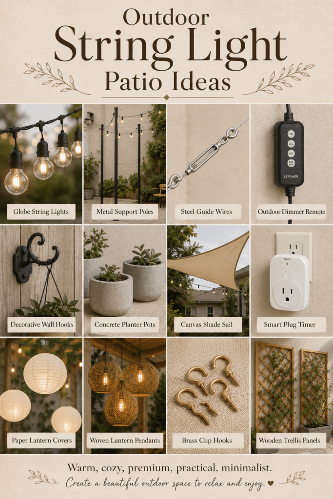 Outdoor string light ideas: how to hang them for max coziness 2 Collage of outdoor string light patio essentials, including globe lights, support poles, and lantern pendants.
