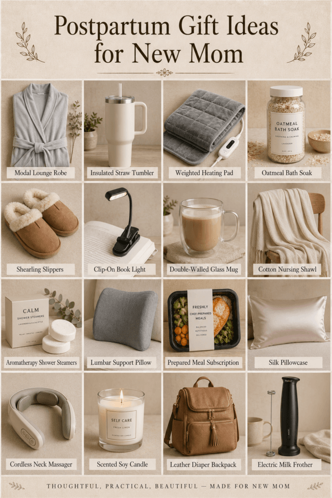 Postpartum Gift Ideas for New Moms That Are Nurturing, Practical, and Beautiful 2 Collection of postpartum recovery gifts including a lounge robe, heating pad, and silk pillowcase.