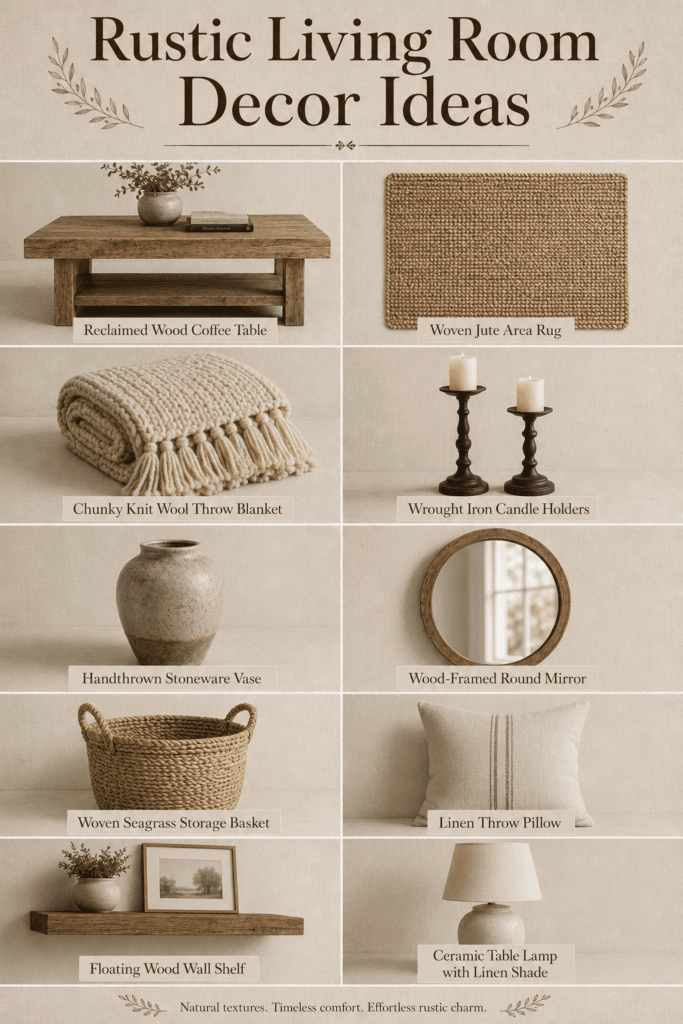 Rustic living room decor collage featuring reclaimed wood coffee table, woven jute rug, and wrought iron candle holders.