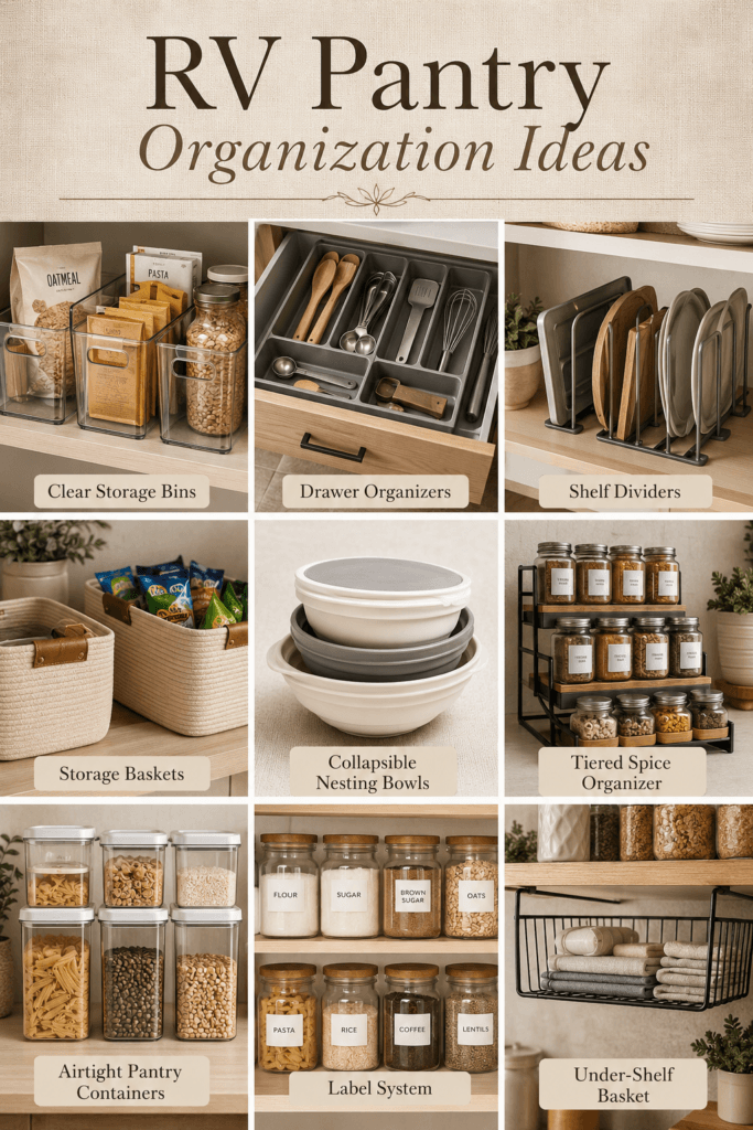 RV Pantry Organization Ideas (Galley Kitchen & Cabinets) 2 Collage of RV pantry organization products including storage bins, spice racks, and drawer organizers.