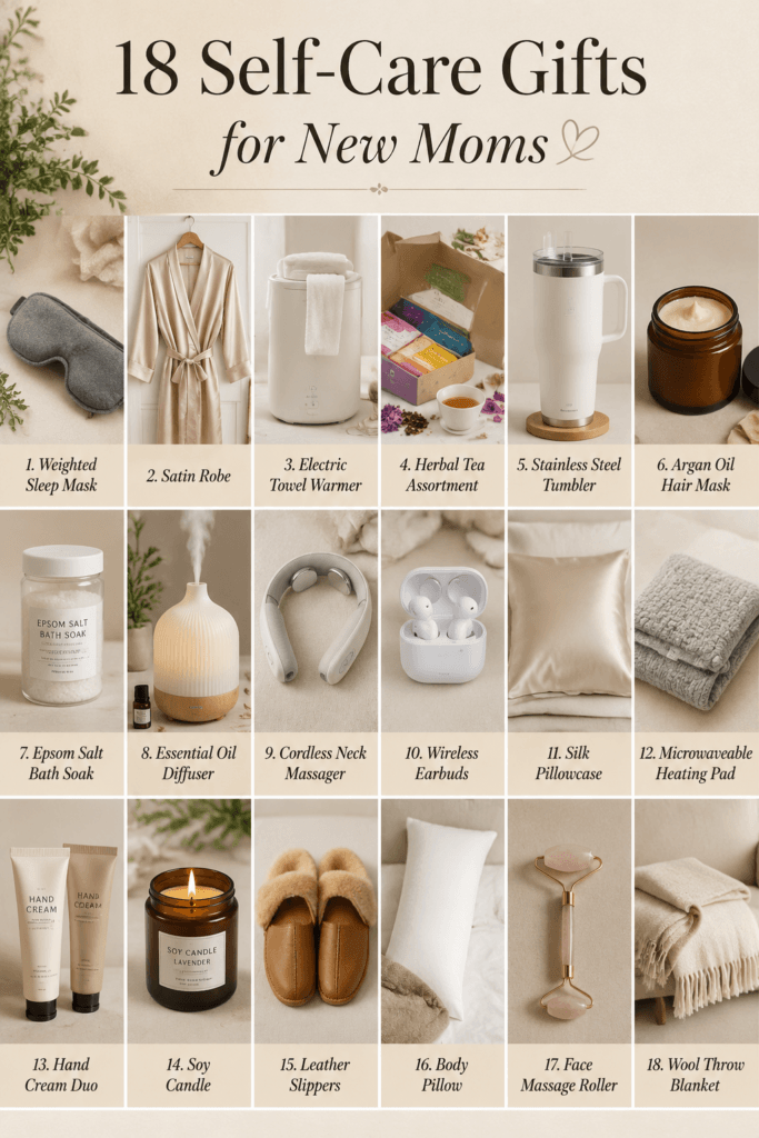 18 Self-Care Gifts for New Moms Who Need a Little Break 2 A curated flatlay of self-care gifts for new moms including robes and candles.