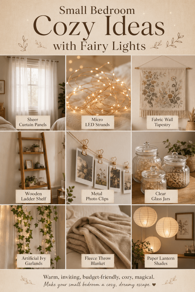 Small bedroom cozy ideas with fairy lights: magical on a budget 2 Small cozy bedroom collage featuring fairy lights, sheer curtains, ladder shelf, and ivy garlands.