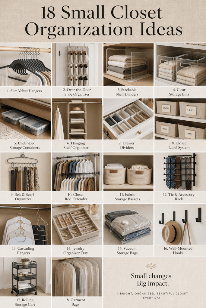 Small closet organization products including storage bins, hangers, dividers, and hanging organizers arranged neatly.