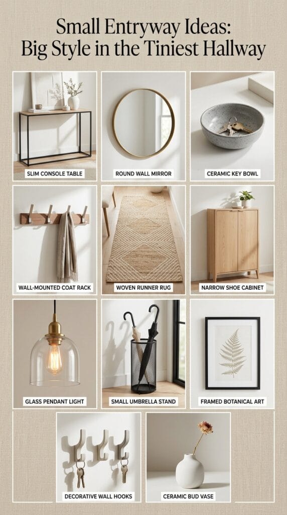 A collage of small entryway decor essentials: console table, mirror, and shoe cabinet.