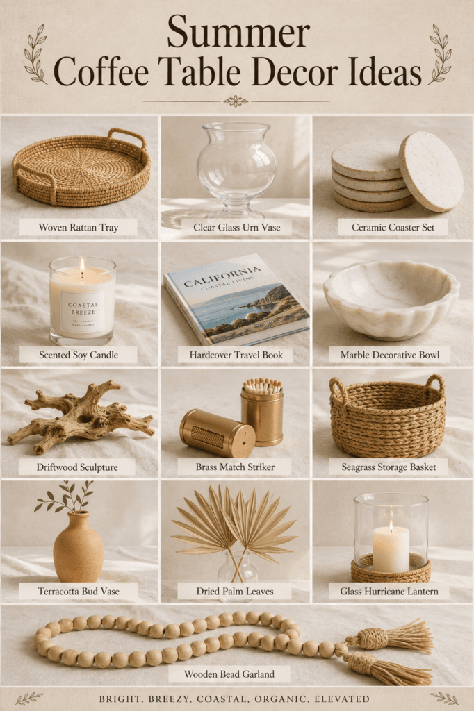 Summer coffee table decor: how to style for warm weather 2 Summer coffee table decor collage featuring rattan trays, glass vases, candles, and coastal accents.