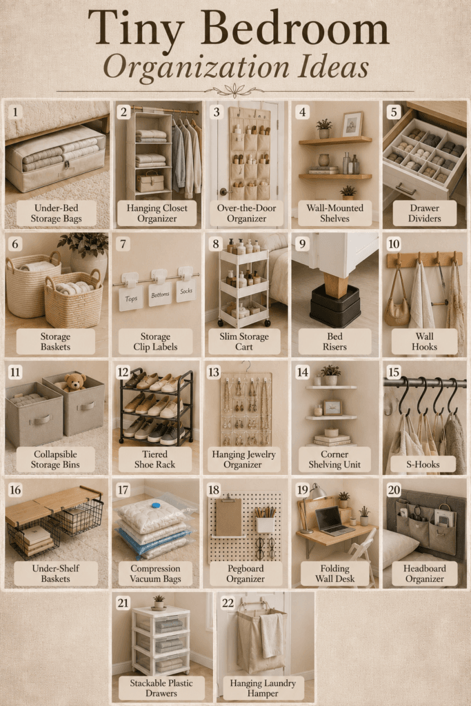 Tiny Bedroom Organization Ideas (Under 100 Sq Ft) 2 Collage of tiny bedroom organization products including storage bins, shelves, and drawer dividers.