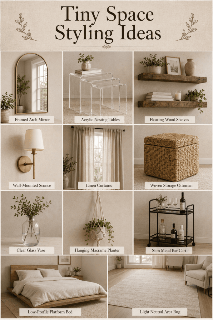 Collage of tiny space styling products including an arch mirror, floating shelves, and storage ottoman.