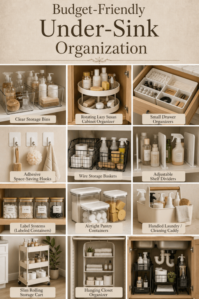 A collage of budget under-sink organizers, including clear bins, a lazy Susan, and storage baskets.