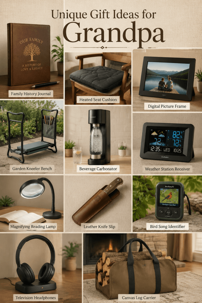 Unique Gift Ideas for Grandpa That He Would Never Think to Buy Himself 2 Eleven curated grandpa gift products including a leather knife slip and canvas log carrier.