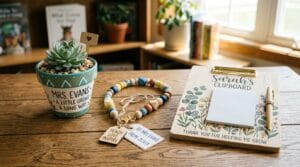A collection of handmade school teacher gifts arranged on a sunny wooden table.