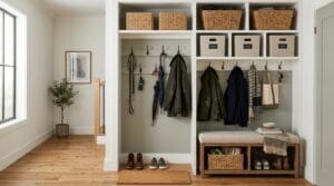 Organized entryway closet with shelving, hooks, bins, and baskets arranged in a bright, tidy space.