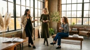Three models styling structured fall outfits in a sunlit loft apartment.