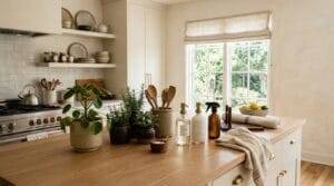 A brightly lit kitchen counter styled with simple ceramic and wooden decorative items.