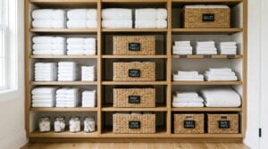 Organized linen closet shelves filled with folded white towels and neat wicker baskets.