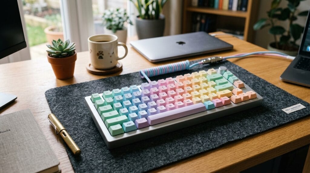 Compact mechanical keyboard with soft pastel keycaps sitting on a grey desk mat.