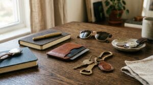 Refined lifestyle items for men arranged elegantly on a dark oak table surface.