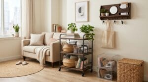 Small apartment living space arranged with labeled bins, baskets, and a wall-mounted entry organizer.