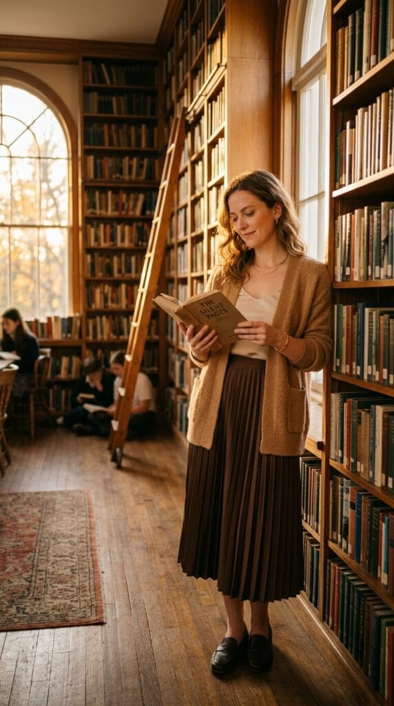 Your Classroom Wardrobe for Autumn: Fall Teacher Outfits Beyond Week One 6 A teacher in a camel alpaca cardigan and brown satin skirt in a library.