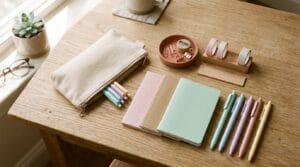 A flat lay of stylish, budget-friendly school accessories arranged on a sunlit wooden desk.