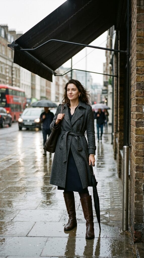 Woman wearing a belted wool coat over a knit midi dress on a rainy street.