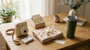 A beautiful collection of lifestyle accessories arranged on a clean wooden tabletop.