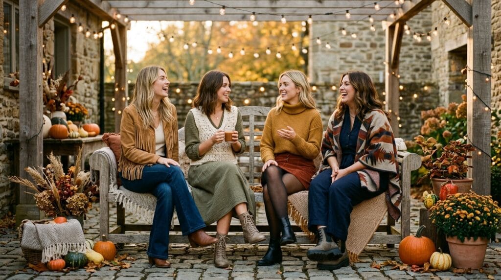 Four women styling cozy boho outfits including suede, knitwear, and corduroy in an autumn courtyard.
