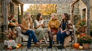 Four women styling cozy boho outfits including suede, knitwear, and corduroy in an autumn courtyard.