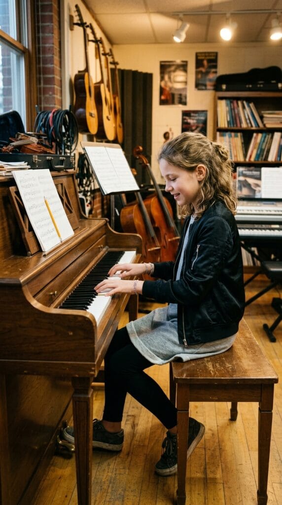 Fall School Style for Tweens: Cute Outfits for Younger Girls 18 Preteen girl in a black bomber jacket and grey dress at a piano.