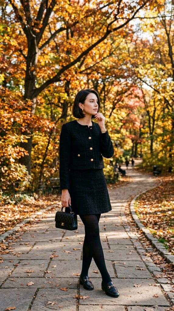 Woman wearing a black bouclé cropped jacket and matching A-line skirt.