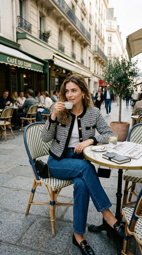 Woman in a boucle cropped lady jacket sitting at a Parisian sidewalk cafe.