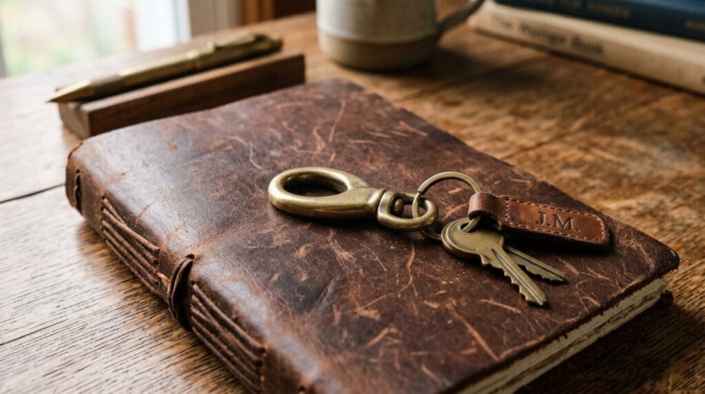 Solid brass key clip with keyring resting on textured brown leather notebook.