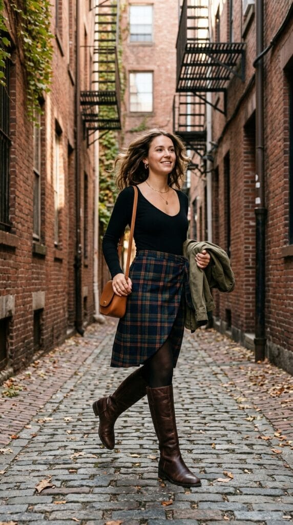 Woman wearing a brushed flannel wrap skirt over a fitted bodysuit and boots.