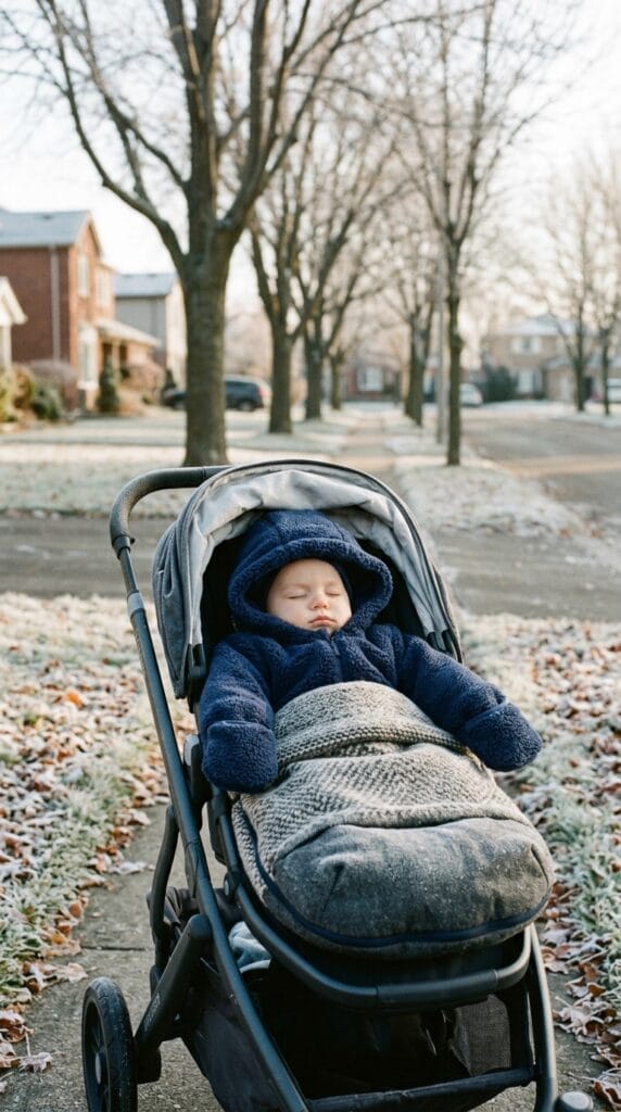 Sleeping baby in stroller wearing a thick navy blue brushed fleece pram suit.